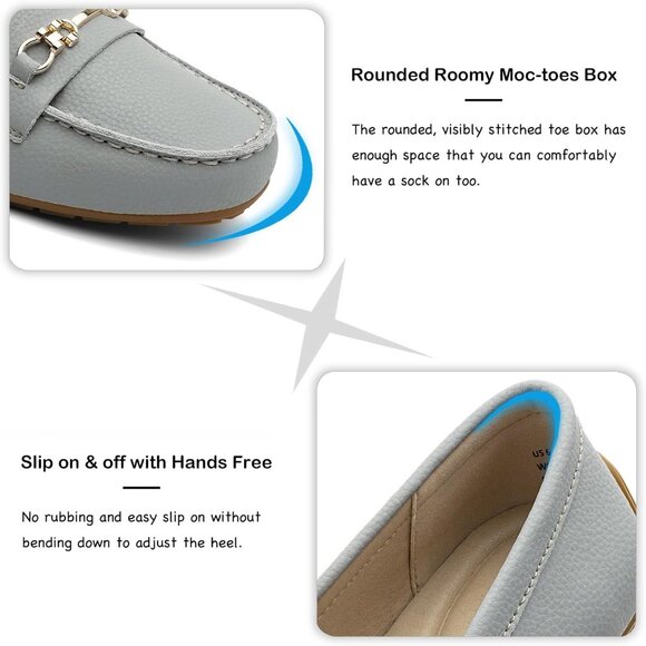 Kordal Women's Light Grey Leather Gold Accent Buckle Slip-Ons Walking Loafers - Picture 5 of 9